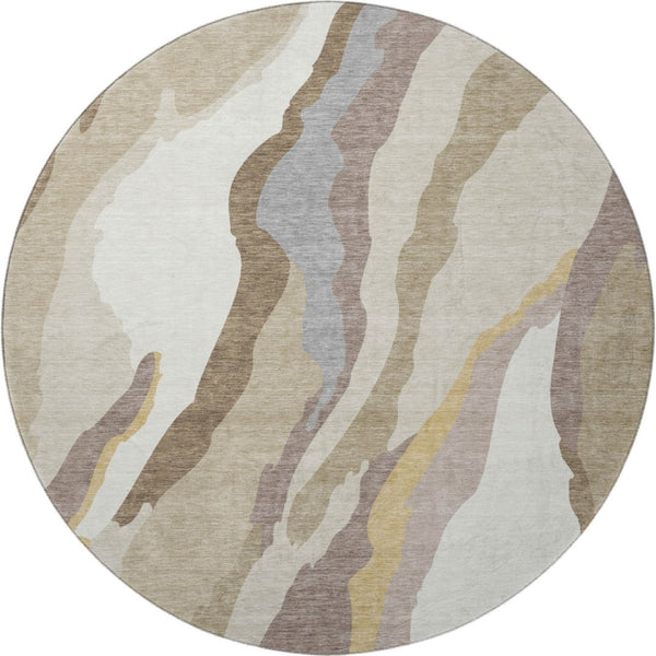 HomeRoots 8' Beige Gold and Taupe Abstract Round Rug - Washable, UV-Protected, Kid & Pet-Friendly Design 682088
