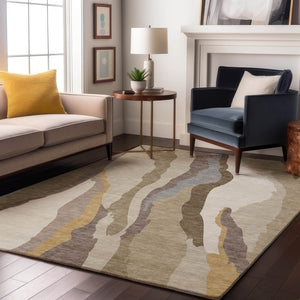 HomeRoots 8' X 10' Beige Gold Taupe Abstract Washable Area Rug - Durable, UV-Protected, Modern Elegance for Homes 682089