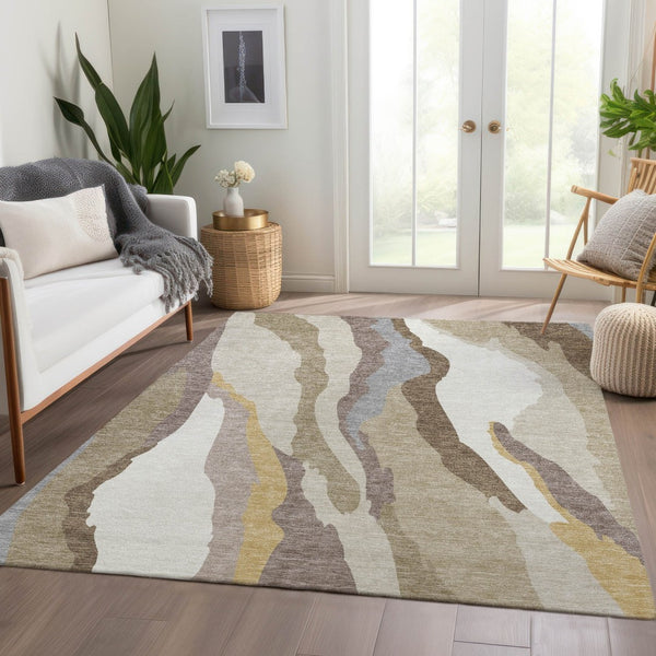 HomeRoots 8' X 10' Beige Gold Taupe Abstract Washable Area Rug - Durable, UV-Protected, Modern Elegance for Homes 682089
