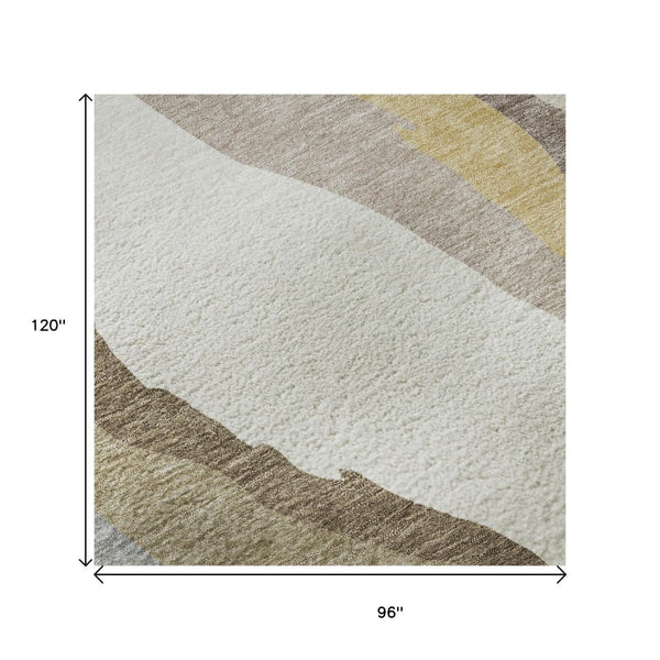 HomeRoots 8' X 10' Beige Gold Taupe Abstract Washable Area Rug - Durable, UV-Protected, Modern Elegance for Homes 682089