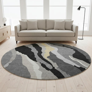 HomeRoots 8' Black Gold and Ivory Abstract Round Rug - Washable, UV-Protected, Stylish for High-Traffic Spaces 682094