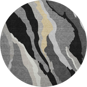 HomeRoots 8' Black Gold and Ivory Abstract Round Rug - Washable, UV-Protected, Stylish for High-Traffic Spaces 682094
