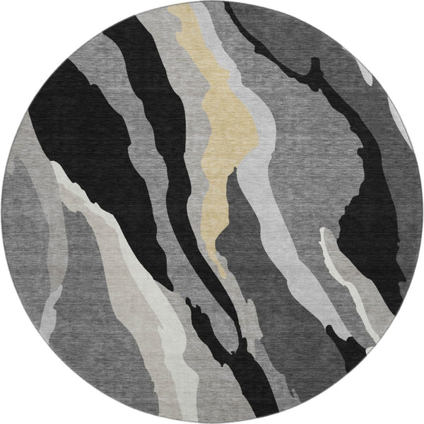 HomeRoots 8' Black Gold and Ivory Abstract Round Rug - Washable, UV-Protected, Stylish for High-Traffic Spaces 682094