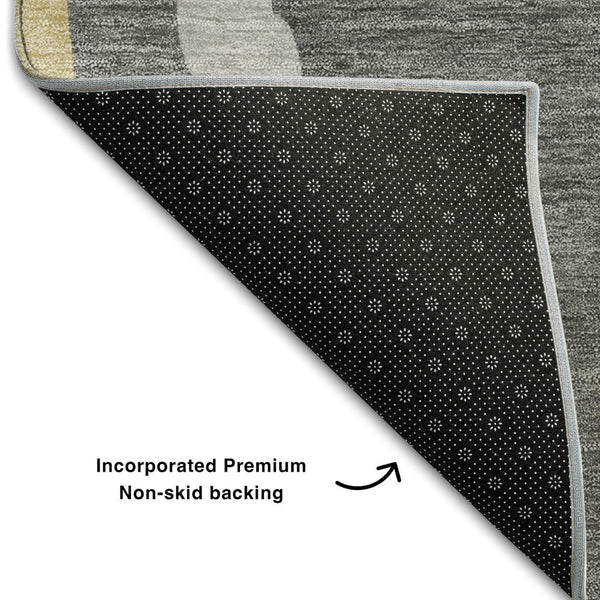 HomeRoots 8' Black Gold and Ivory Abstract Round Rug - Washable, UV-Protected, Stylish for High-Traffic Spaces 682094