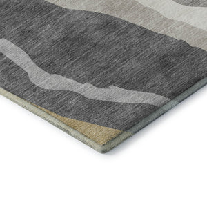 HomeRoots 8' Black Gold and Ivory Abstract Round Rug - Washable, UV-Protected, Stylish for High-Traffic Spaces 682094