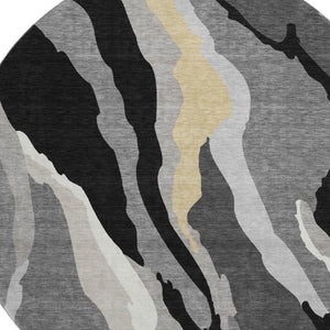 HomeRoots 8' Black Gold and Ivory Abstract Round Rug - Washable, UV-Protected, Stylish for High-Traffic Spaces 682094