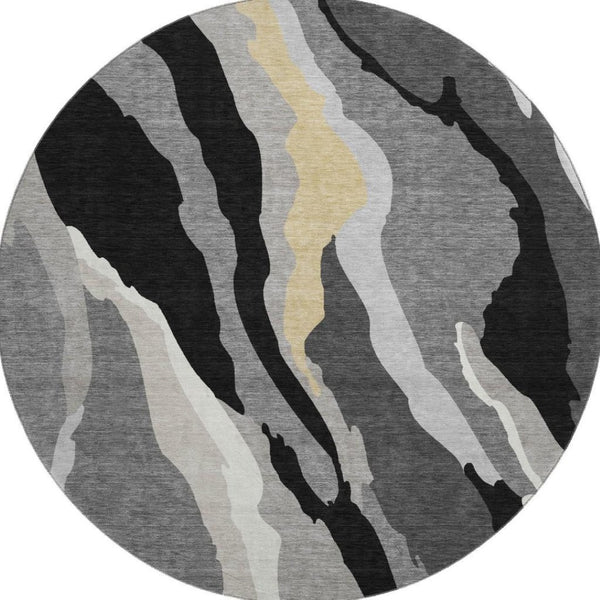 HomeRoots 8' Black Gold and Ivory Abstract Round Rug - Washable, UV-Protected, Stylish for High-Traffic Spaces 682094