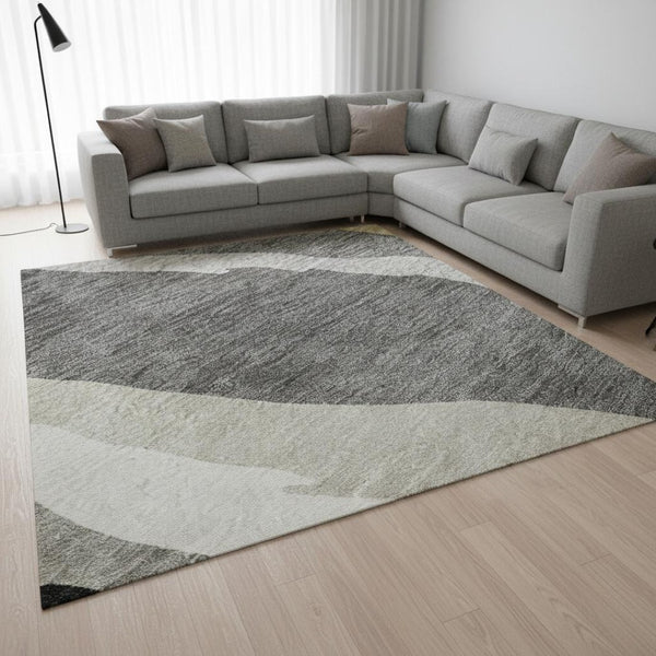 HomeRoots 8' X 10' Stylish Black Gold Ivory Abstract Washable Area Rug - Durable, UV-Protected, Family-Friendly! 682095