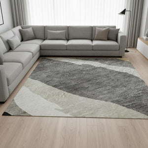 HomeRoots 9' X 12' Modern Black Gold Ivory Abstract Washable Area Rug with UV Protection for Stylish Living 682096