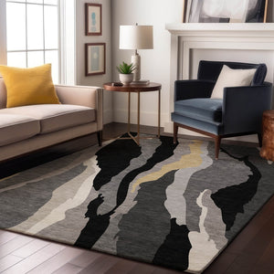 HomeRoots 10' X 14' Black Gold Ivory Abstract Area Rug – Stylish, Washable, UV-Resistant for High-Traffic Areas 682097