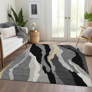 HomeRoots 10' X 14' Black Gold Ivory Abstract Area Rug – Stylish, Washable, UV-Resistant for High-Traffic Areas 682097