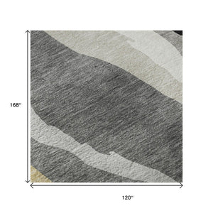 HomeRoots 10' X 14' Black Gold Ivory Abstract Area Rug – Stylish, Washable, UV-Resistant for High-Traffic Areas 682097