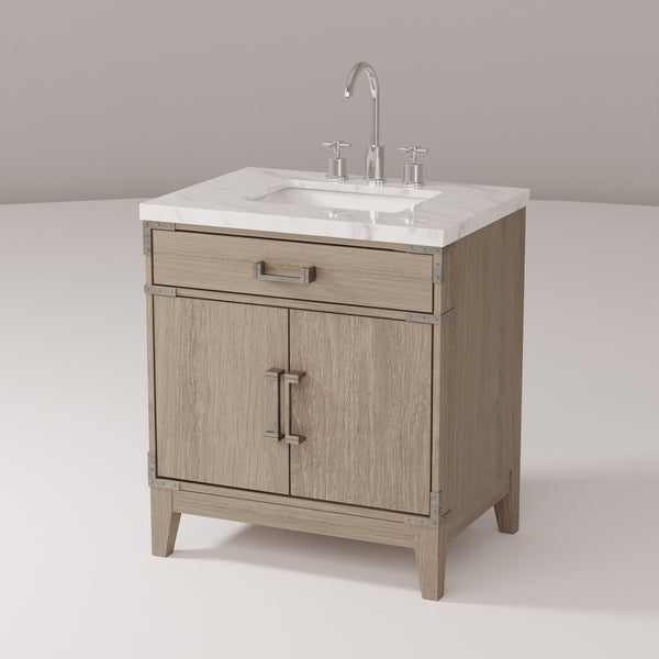 English Elm Grey Oak Single Bath Vanity With Carrara Marble Top, Complete Faucet Set & Soft-Close Storage B2731P259771