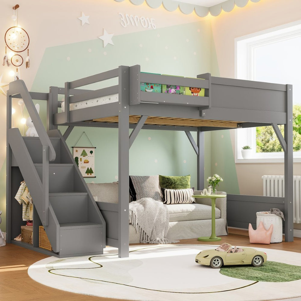 English Elm Twin Low Loft Bed Solid Pine Frame Kids Study Desk Blackboard Storage White Gray W1580S00469