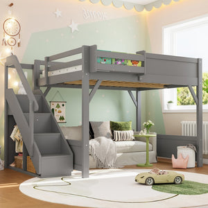 English Elm Twin Low Loft Bed Solid Pine Frame Kids Study Desk Blackboard Storage White Gray W1580S00469