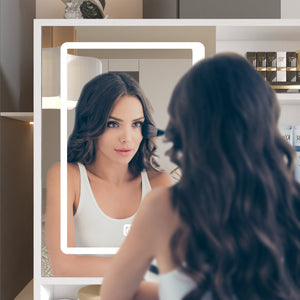 English Elm Makeup Vanity with Lights, Openable Mirror & Ample Storage Shelves, 4 Drawers and Cabinet Elegance White W2227P160483