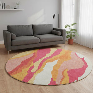 HomeRoots 8' Blush Orange & Wheat Abstract Round Rug - Washable, UV Protected, Perfect for Busy Homes! 682100