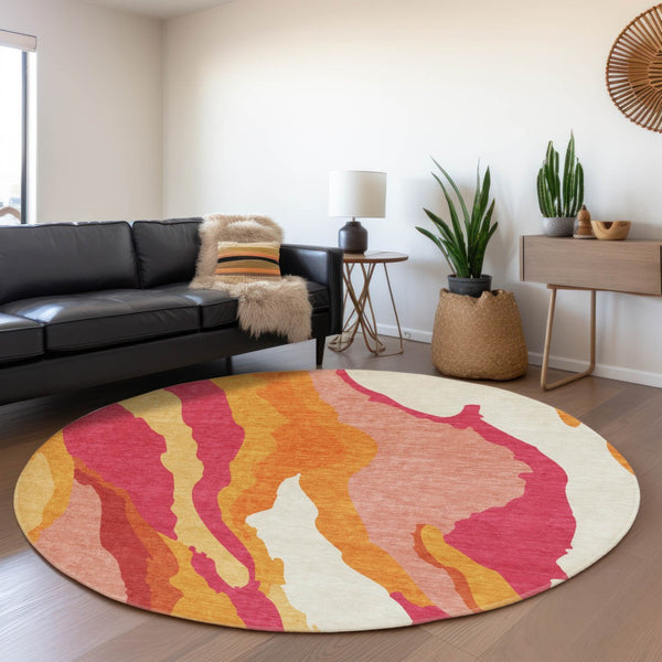 HomeRoots 8' Blush Orange & Wheat Abstract Round Rug - Washable, UV Protected, Perfect for Busy Homes! 682100
