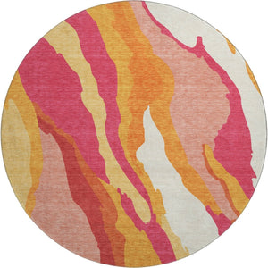 HomeRoots 8' Blush Orange & Wheat Abstract Round Rug - Washable, UV Protected, Perfect for Busy Homes! 682100