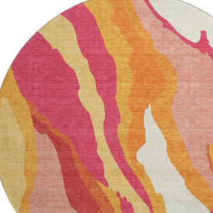 HomeRoots 8' Blush Orange & Wheat Abstract Round Rug - Washable, UV Protected, Perfect for Busy Homes! 682100