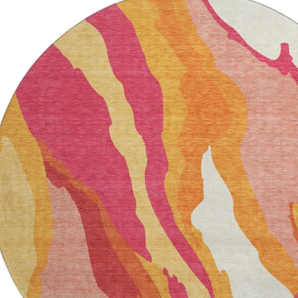 HomeRoots 8' Blush Orange & Wheat Abstract Round Rug - Washable, UV Protected, Perfect for Busy Homes! 682100