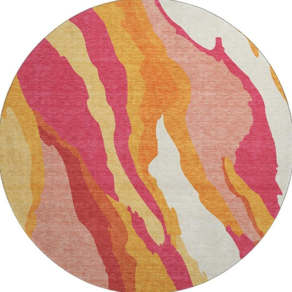 HomeRoots 8' Blush Orange & Wheat Abstract Round Rug - Washable, UV Protected, Perfect for Busy Homes! 682100