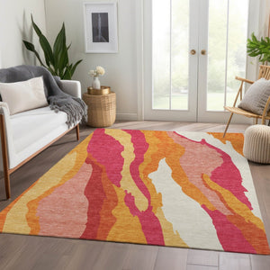HomeRoots 8' X 10' Washable Abstract Area Rug in Blush Orange & Wheat - UV Protected, Durable, Stain Resistant 682101