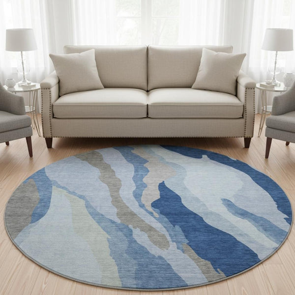 HomeRoots 8' Blue and Gray Abstract Washable Round Rug - Durable, Stain-Resistant, UV Protected for Homes! 682106