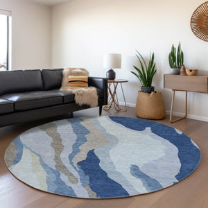 HomeRoots 8' Blue and Gray Abstract Washable Round Rug - Durable, Stain-Resistant, UV Protected for Homes! 682106