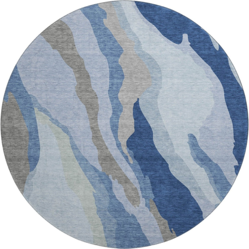 HomeRoots 8' Blue and Gray Abstract Washable Round Rug - Durable, Stain-Resistant, UV Protected for Homes! 682106