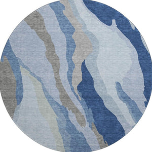 HomeRoots 8' Blue and Gray Abstract Washable Round Rug - Durable, Stain-Resistant, UV Protected for Homes! 682106