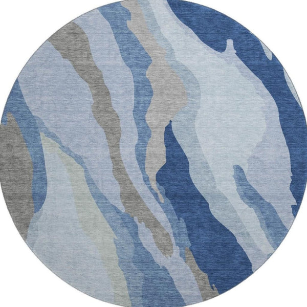 HomeRoots 8' Blue and Gray Abstract Washable Round Rug - Durable, Stain-Resistant, UV Protected for Homes! 682106