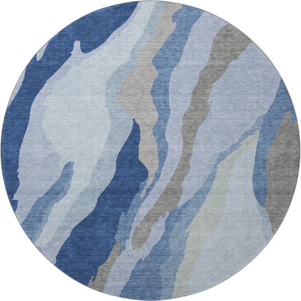 HomeRoots 8' Blue and Gray Abstract Washable Round Rug - Durable, Stain-Resistant, UV Protected for Homes! 682106
