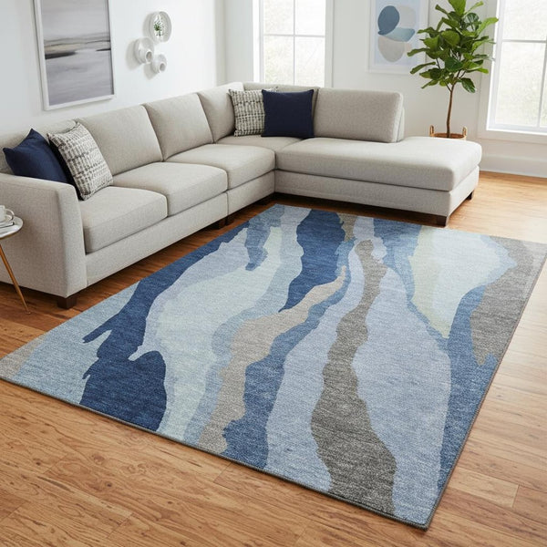 HomeRoots 8' X 10' Stylish Blue & Gray Abstract Washable Area Rug – Durable, UV-Protected, Easy-Clean Design 682107
