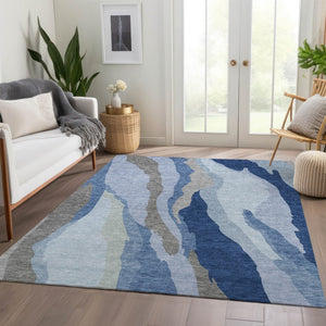 HomeRoots 8' X 10' Stylish Blue & Gray Abstract Washable Area Rug – Durable, UV-Protected, Easy-Clean Design 682107
