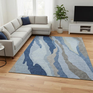 HomeRoots 9' X 12' Blue and Gray Abstract Area Rug - Washable, Stain-Resistant, UV Protected for Modern Spaces 682108