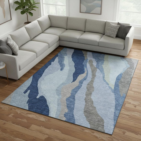 HomeRoots 10' X 14' Blue and Gray Abstract Area Rug – Washable, UV-Protected, Durable for High-Traffic Spaces 682109