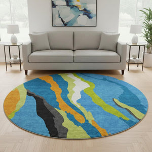 HomeRoots 8' Vibrant Washable Round Area Rug in Denim Blue, Orange & Lime Green - UV Protected, Durable Design 682112