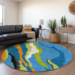 HomeRoots 8' Vibrant Washable Round Area Rug in Denim Blue, Orange & Lime Green - UV Protected, Durable Design 682112