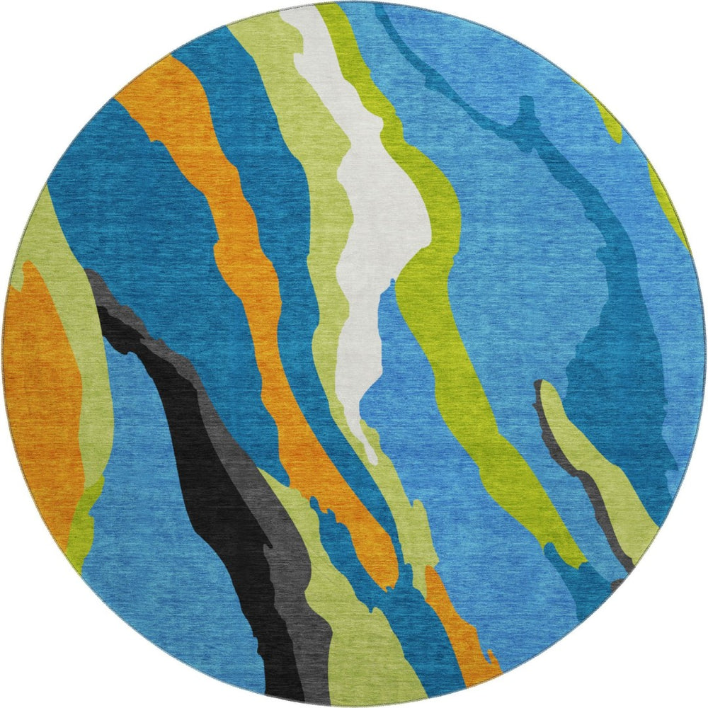 HomeRoots 8' Vibrant Washable Round Area Rug in Denim Blue, Orange & Lime Green - UV Protected, Durable Design 682112