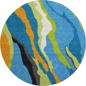 HomeRoots 8' Vibrant Washable Round Area Rug in Denim Blue, Orange & Lime Green - UV Protected, Durable Design 682112