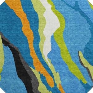 HomeRoots 8' Vibrant Washable Round Area Rug in Denim Blue, Orange & Lime Green - UV Protected, Durable Design 682112