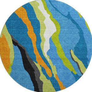 HomeRoots 8' Vibrant Washable Round Area Rug in Denim Blue, Orange & Lime Green - UV Protected, Durable Design 682112