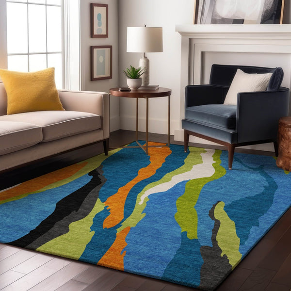 HomeRoots 9' X 12' Vibrant Abstract Area Rug in Denim Blue, Orange & Lime Green - Washable & UV Protected 682114