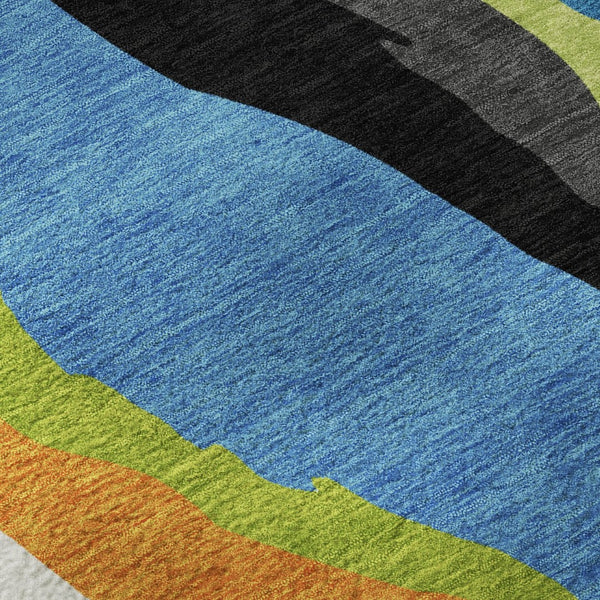 HomeRoots 9' X 12' Vibrant Abstract Area Rug in Denim Blue, Orange & Lime Green - Washable & UV Protected 682114
