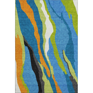 HomeRoots 10' X 14' Washable Denim Blue, Orange & Lime Green Abstract Area Rug with UV Protection & Style 682115