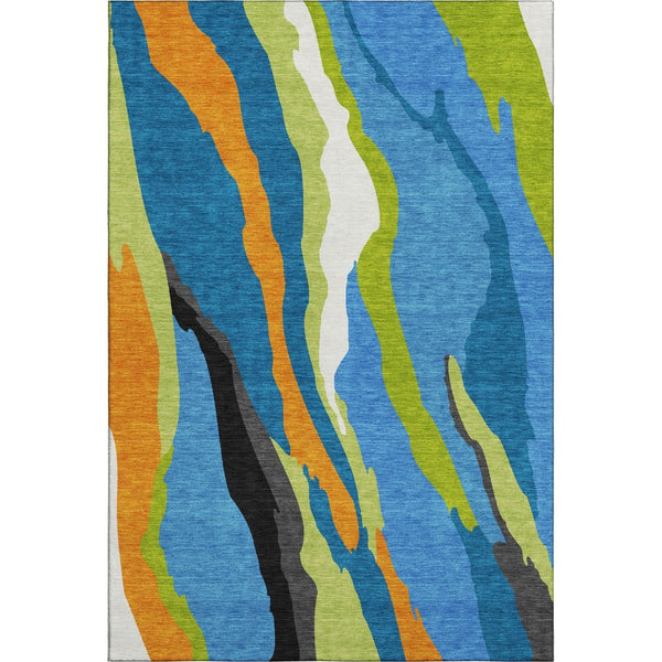 HomeRoots 10' X 14' Washable Denim Blue, Orange & Lime Green Abstract Area Rug with UV Protection & Style 682115