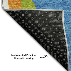 HomeRoots 10' X 14' Washable Denim Blue, Orange & Lime Green Abstract Area Rug with UV Protection & Style 682115