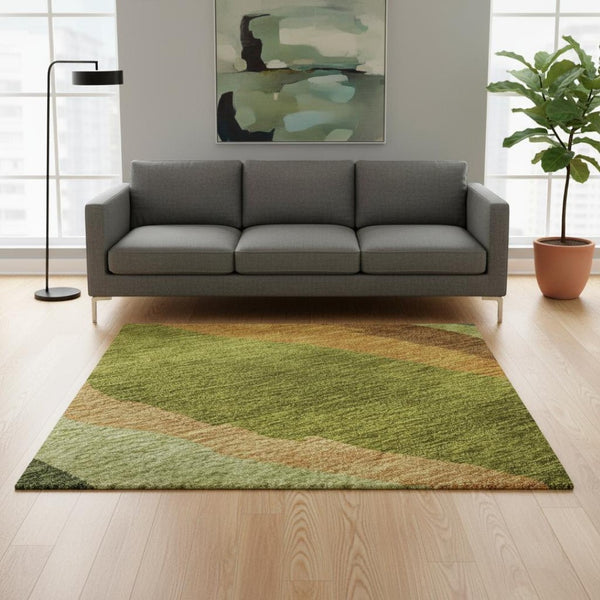 HomeRoots 5' X 8' Vibrant Green Copper Peach Abstract Area Rug - UV Protected, Washable & Stain Resistant! 682117