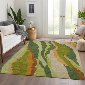 HomeRoots 5' X 8' Vibrant Green Copper Peach Abstract Area Rug - UV Protected, Washable & Stain Resistant! 682117